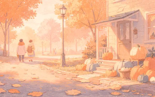 October aesthetic 4K Ultra HD PC desktop wallpaper and background — pastel autumn street: pumpkins on a porch, scattered leaves, lamppost glow, and two figures strolling in warm golden light.