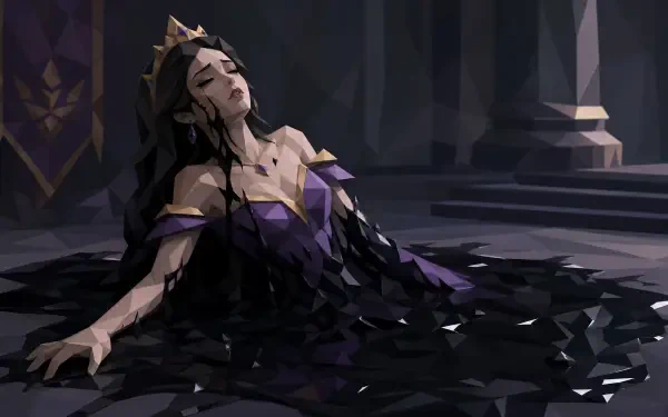 4K Ultra HD PC Desktop Wallpaper and Background: stylized queen in a purple gown sinking into black crystalline shards across a dim, moody throne room.