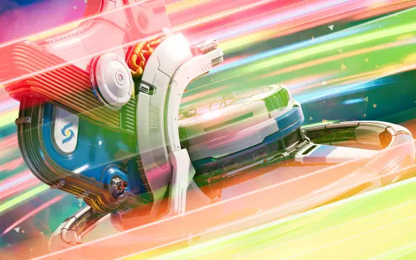 4K Ultra HD PC desktop wallpaper and background showing a sleek Starseeker ship from Starseeker: Astroneer Expeditions streaking through neon trails in a vibrant video game scene.