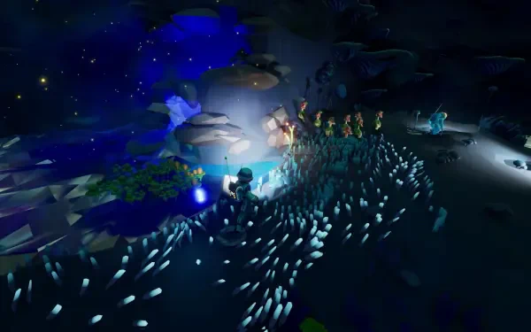 HD PC desktop wallpaper and background for the video game Starseeker: Astroneer Expeditions — astronaut explores a bioluminescent alien shoreline with glowing flora, ships and a starry sky.