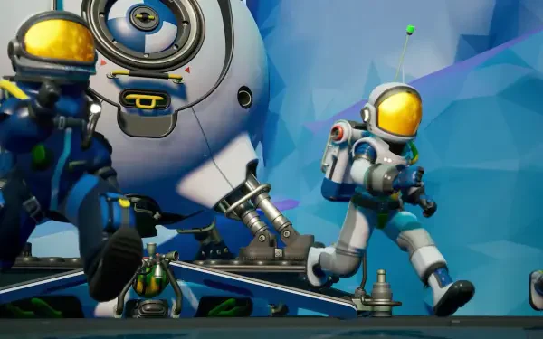 HD PC desktop wallpaper from the video game Starseeker: Astroneer Expeditions showing two astronauts in colorful suits running past a large probe/ship against a low-poly blue planetary backdrop