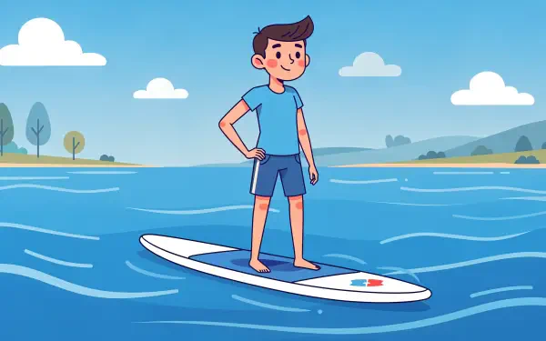 4K Ultra HD PC desktop wallpaper and background: cartoon young man standing on a paddle board on calm blue water with distant shore and clouds.