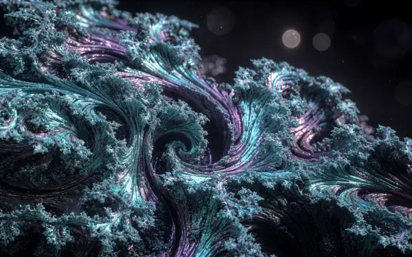4K Ultra HD PC desktop wallpaper: swirling teal and purple Julia Set fractal with intricate tendrils and soft bokeh highlights on a dark background.