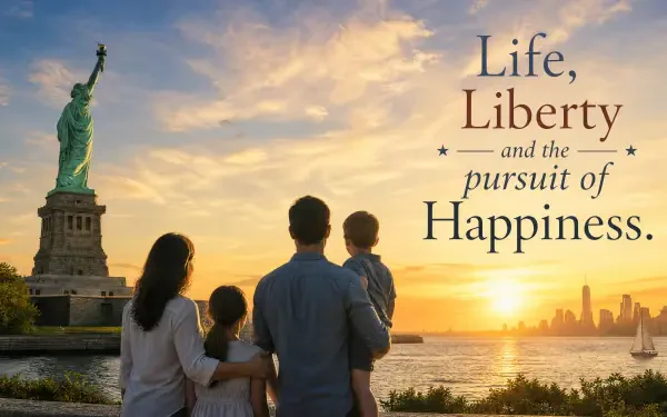4K Ultra HD PC desktop wallpaper: a family gazes at the Statue of Liberty at sunset, NYC skyline ahead, with the words Life, Liberty and the pursuit of Happiness.