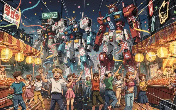 4K Ultra HD PC desktop wallpaper and background: vibrant night festival with two towering mecha robots above lantern-lit stalls, cheering crowds, confetti and neon signs.