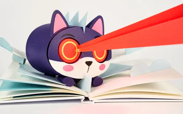 Purple cartoon cat with glowing red laser eyes firing beams while perched on an open book — 4K Ultra HD PC desktop wallpaper/background.