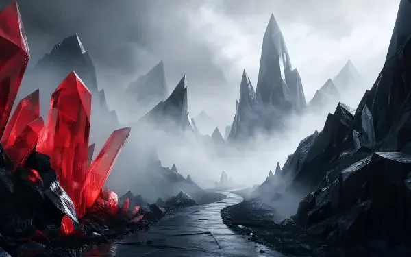 Foggy mountain pass with jagged peaks and crimson crystals beside a cracked stone path — 4K Ultra HD PC desktop wallpaper and background.