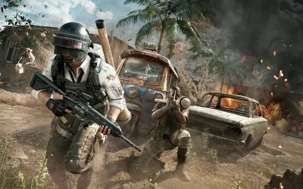 PlayerUnknown's Battlegrounds video game action: armed soldiers sprint amid burning cars, smoke and palm trees on a tropical battleground — 4K Ultra HD PC desktop wallpaper/background.