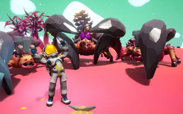 4K Ultra HD PC desktop wallpaper of the video game Starseeker: Astroneer Expeditions — astronaut in a white suit poses amid giant crab-like alien creatures on a pink extraterrestrial plain.