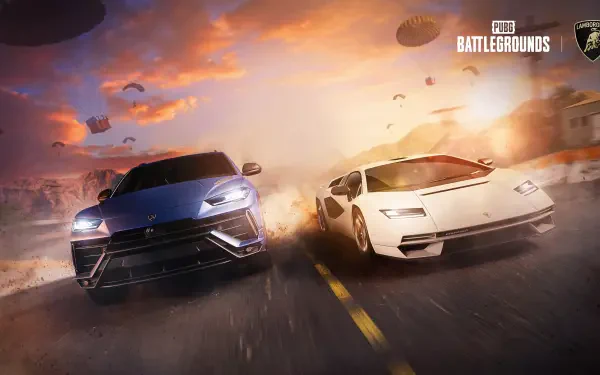 4K Ultra HD PC desktop wallpaper of the video game PlayerUnknown's Battlegrounds: two sports cars racing down a sunlit road as parachutes descend over a war-torn landscape.