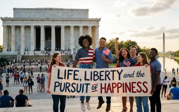 5K Ultra HD desktop wallpaper: diverse group at the Lincoln Memorial waving flags, holding a banner reading LIFE, LIBERTY and the PURSUIT of HAPPINESS.