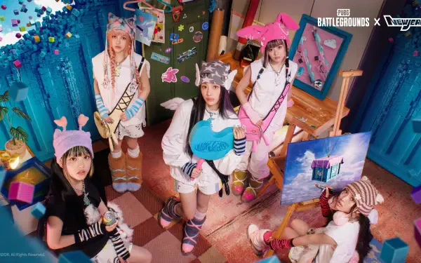 4K Ultra HD PC desktop wallpaper/background: Playerunknown's Battlegrounds video game crossover showing five cosplayers in a pastel, toy-like room holding game-themed props and weapons.