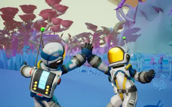 HD PC desktop wallpaper/background from the video game Starseeker: Astroneer Expeditions — two astronauts in colorful suits high-five amid a pink-purple alien forest.