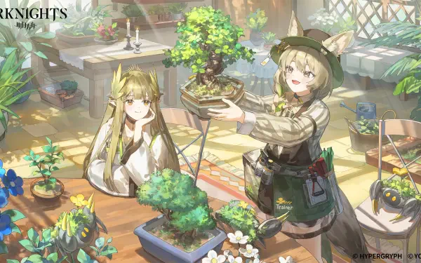 HD PC desktop wallpaper from video game Arknights: two characters in a sunlit greenhouse arranging bonsai and potted plants, warm light and a cozy botanical studio atmosphere.