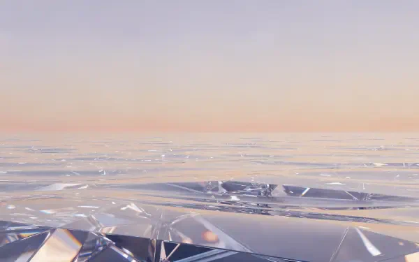 4K Ultra HD PC desktop wallpaper and background: reflective crystalline shards scattered across a glassy plane under a soft pastel sunrise sky.