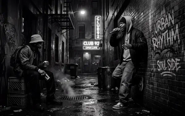 Hip Hop 5K Ultra HD PC desktop wallpaper and background — black-and-white alley scene with two rappers, graffiti reading Urban Rhythm / Soul Side and a neon Club 92 sign