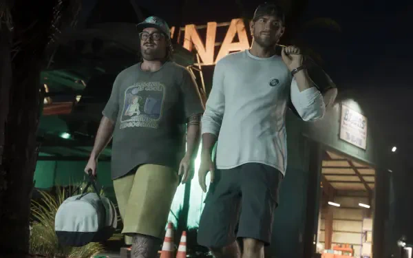 Video game 4K Ultra HD PC desktop wallpaper from Grand Theft Auto VI: Cal Hampton and a companion walk at night past neon signs, one carrying a duffel bag in a moody, cinematic city scene.