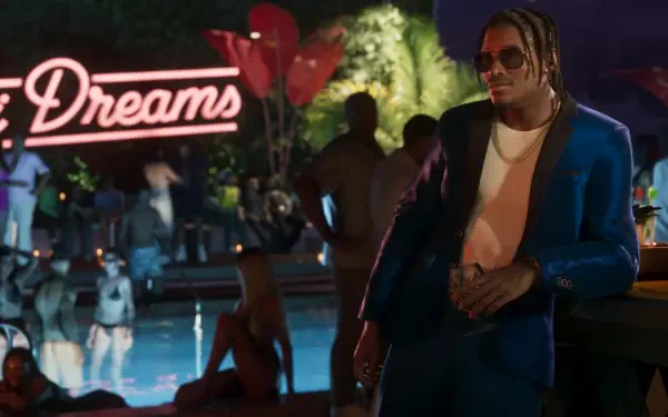 Video game 4K Ultra HD PC desktop wallpaper: Grand Theft Auto VI — DreQuan Priest in a blue suit and sunglasses at a neon-lit pool party.