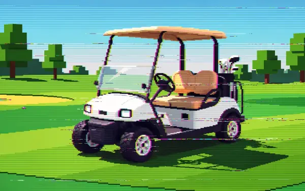 Pixel-style golf cart parked on a sunlit green fairway with trees and blue sky — 4K Ultra HD PC desktop wallpaper and background.
