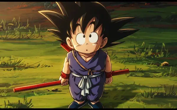 HD PC desktop wallpaper of kid Goku from Dragon Ball: anime-style scene of him on grass at sunset holding his red Power Pole, looking up with wide eyes.