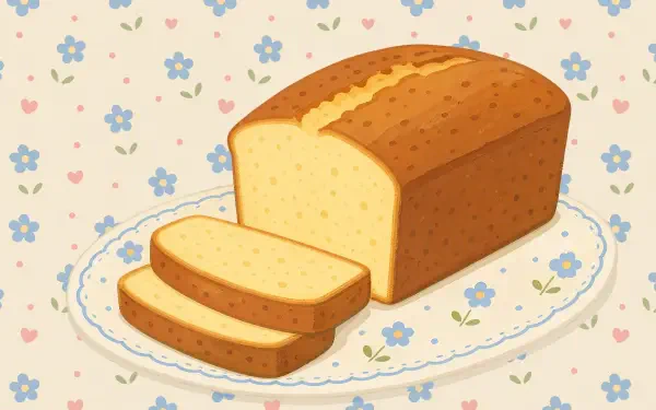 Illustrated pound cake with two slices on a floral china plate, pastel flower backdrop — 4K Ultra HD PC desktop wallpaper & background.