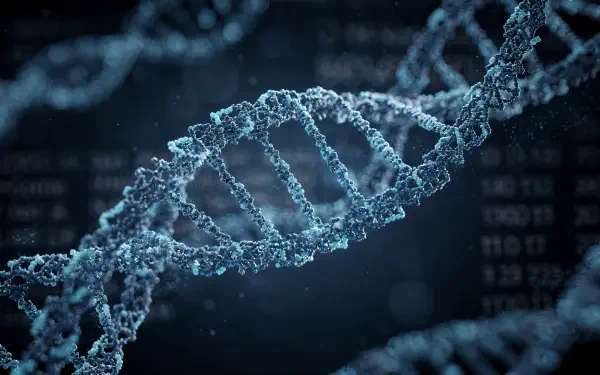 Blue digital close-up of a DNA double helix representing genetic code; 4K Ultra HD PC desktop wallpaper background.