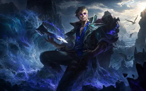 Locke (League of Legends) 4K Ultra HD PC wallpaper: a roguish, cloaked figure conjuring crackling purple-blue magic over jagged, stormy cliffs.