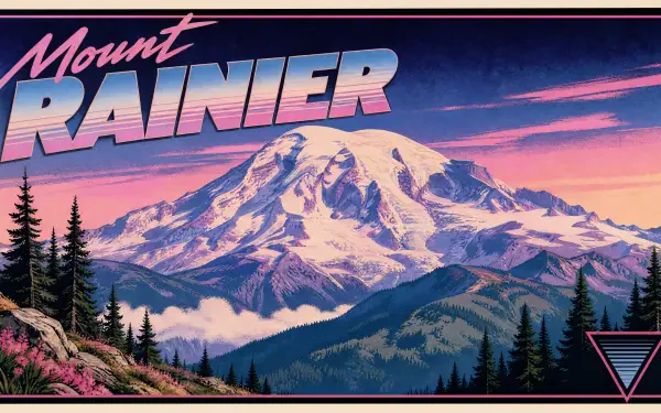 Retro-style 4K Ultra HD PC desktop wallpaper of Mount Rainier at sunset: snow-capped peak above forested ridges, pink and purple sky and stylized typography.