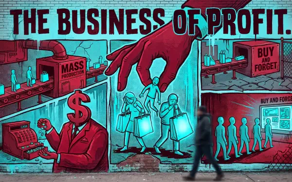 5K Ultra HD PC desktop wallpaper: stylized mural THE BUSINESS OF PROFIT with dollar-headed boss and giant hand puppeteering shoppers among BUY AND FORGET shelves — commercial exploitation.