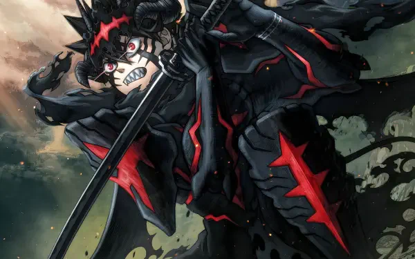 2K Quad HD PC desktop wallpaper of Anime Black Clover's Asta in anti-magic black armor, snarling and brandishing his sword amid a dark, stormy battle background.