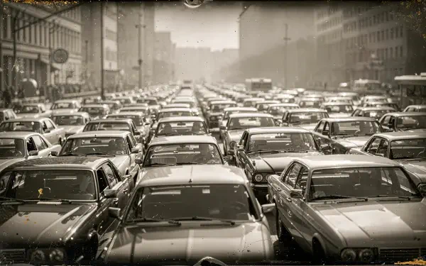 4K Ultra HD PC desktop wallpaper showing a sepia-toned urban traffic jam, rows of cars filling multiple lanes as the city street fades into the distance.