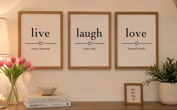 4K Ultra HD PC desktop wallpaper and background: three framed prints reading live, laugh, love above a cozy desk with tulips, books and a potted plant in warm neutral tones.