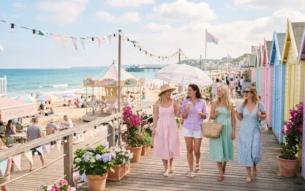 Pastel summer beach scene: four friends in light dresses walk a flower-lined boardwalk by pastel beach huts, carousel and ocean under bunting — 5K Ultra HD PC desktop wallpaper and background.