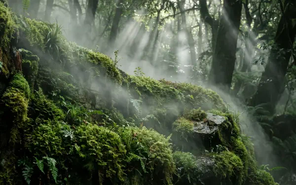 Moss wall in a misty forest with sunbeams piercing the canopy and lush green textures — 5K Ultra HD PC desktop wallpaper and background.