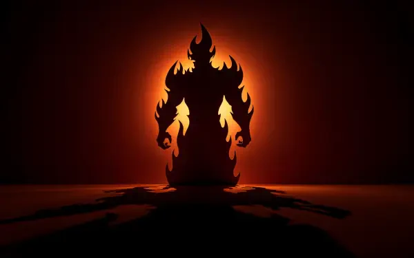 4K Ultra HD PC desktop wallpaper of a fire elemental silhouette backlit by a blazing orange glow, flames licking its form and casting a long shadow on a flat surface.