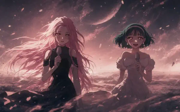 Alien Stage — 4K Ultra HD PC Desktop Wallpaper and Background: two anime girls stand on a luminous alien shore beneath moons and a pink-purple sky, petals drifting over a surreal sea.
