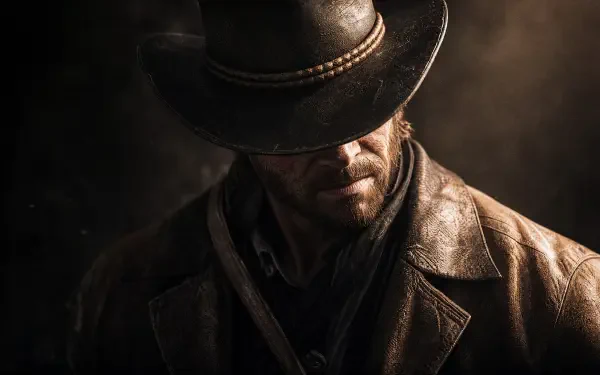 Arthur Morgan in a shadowed close-up, brimmed hat low and weathered leather coat, dramatic lighting — 4K Ultra HD PC desktop wallpaper and background.