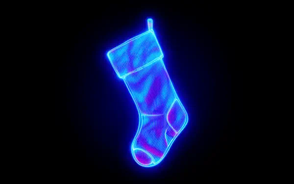 Glowing neon blue holographic stocking on a black background — 5K Ultra HD PC desktop wallpaper and background.