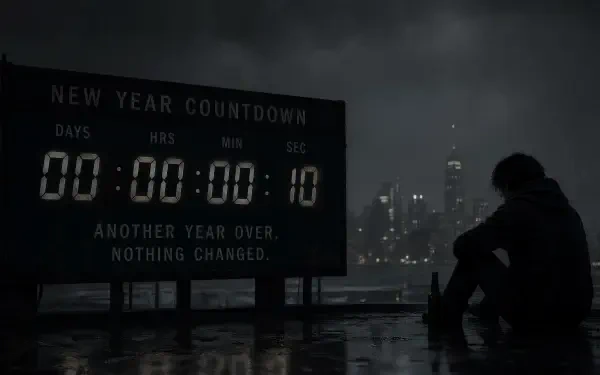 4K Ultra HD PC desktop wallpaper and background: moody rooftop at night with a New Year countdown billboard showing 00:00:00:10 and a lone silhouetted figure overlooking the wet city.