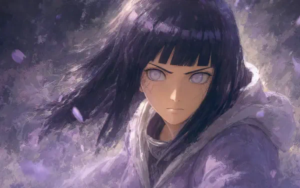 Hinata Hyuga portrait in soft purple hues, Byakugan eyes glowing, wind-swept hair and cloak, ethereal mist — 4K Ultra HD PC desktop wallpaper background.