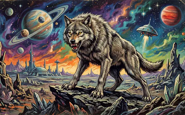 5K Ultra HD PC desktop wallpaper: snarling gray wolf prowls a colorful alien landscape with distant planets, a UFO, a futuristic city and crystalline rocks under a starry sky.