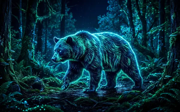5K Ultra HD PC desktop wallpaper/background showing a glowing black bear walking through a bioluminescent forest at night.