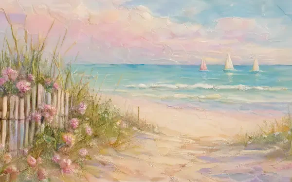 Pastel summer beach painting: sandy path between wildflowers and a driftwood fence leading to calm turquoise sea with three sailboats beneath a soft pink-blue sky — 4K Ultra HD PC desktop wallpaper