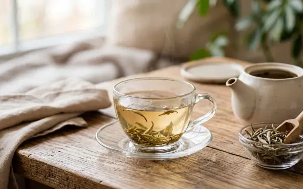 5K Ultra HD PC desktop wallpaper/background: glass cup of white tea with loose leaves, teapot and cozy fabric on a rustic wooden table.