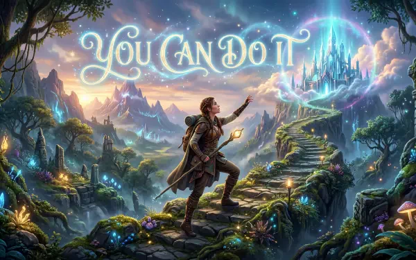 Fantasy 5K Ultra HD PC desktop wallpaper: a determined adventurer climbs a glowing stone path toward a floating crystal castle beneath the words You Can Do It.