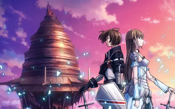 Aincrad (Sword Art Online) 4K Ultra HD PC desktop wallpaper: two characters back-to-back with sword and shield, glowing motes drifting as the floating Aincrad tower rises beneath a pink-purple sky.