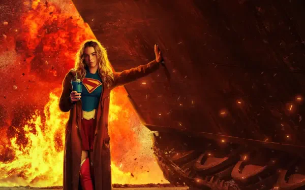 Supergirl (2026) 4K Ultra HD PC desktop wallpaper and background: Supergirl in costume and cape stands before blazing inferno and shattered wreckage, emblem glowing.