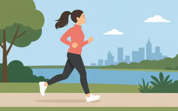 Jogging woman in athletic wear runs along a riverside path with trees and a distant city skyline — 4K Ultra HD PC desktop wallpaper background.