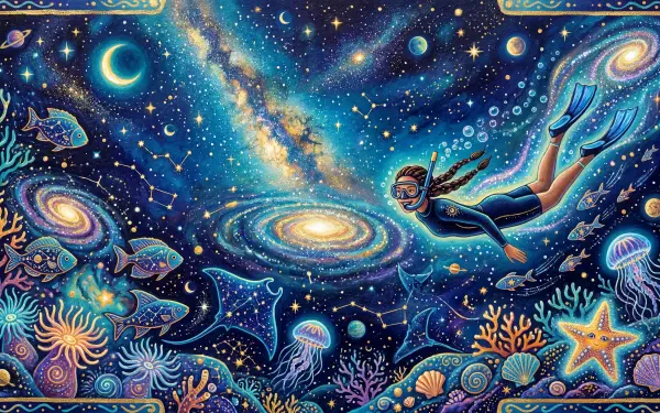 Snorkeling 5K Ultra HD PC desktop wallpaper: a snorkeler glides through a cosmic underwater realm of galaxies, fish, jellyfish, manta rays and glowing coral beneath a starry Milky Way.