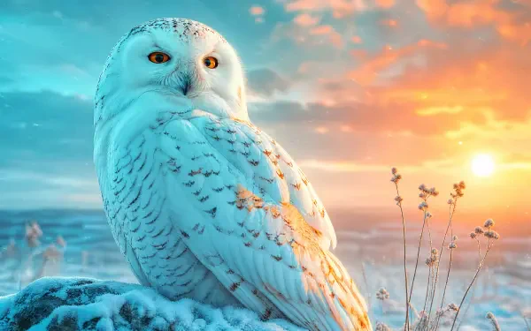 Snowy owl perched on a frost-covered rock at sunrise, vibrant sky and sharp detail — 4K Ultra HD PC desktop wallpaper.